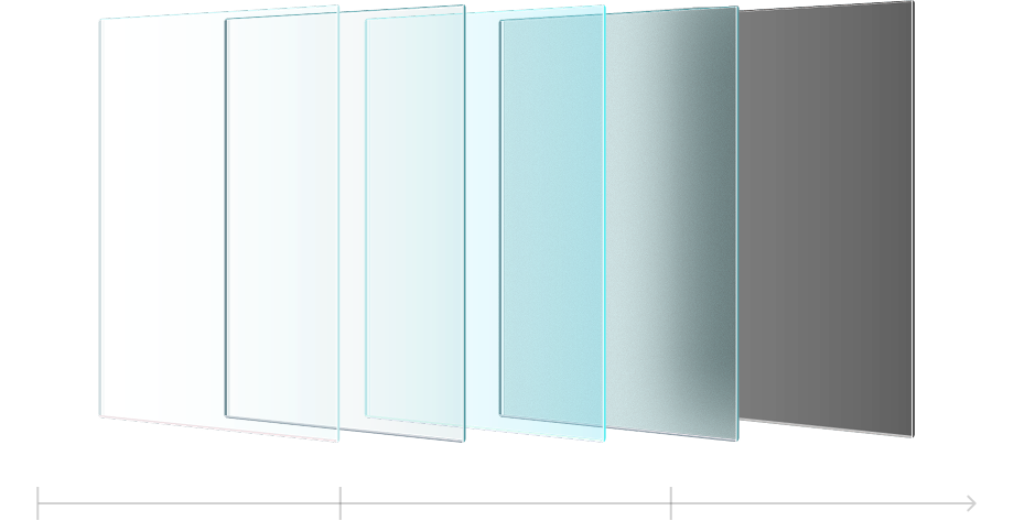 Six translucent panels arranged in a row, shifting from bright white on the left to dark gray on the right, illustrating a gradient of light intensity.