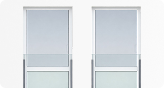 Two modern glass and metal display cases with blank white panels on a black background.
