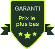 Green and yellow badge with the words 'GARANTI Prix le plus bas' and three yellow stars underneath.