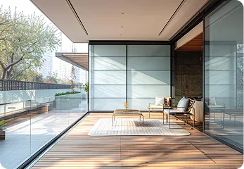 Modern patio with wooden floor, glass railing, and minimalist furniture overlooking trees and city buildings.