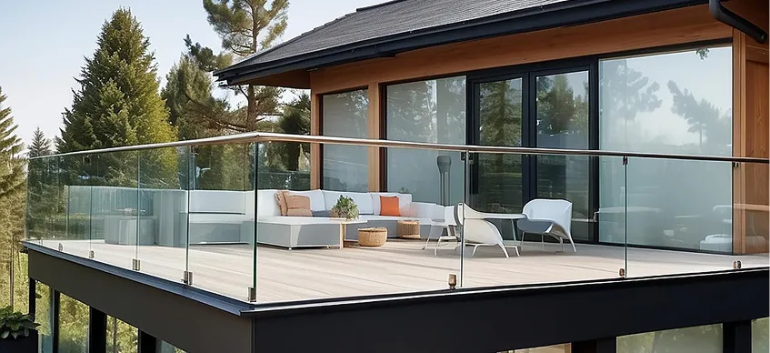 Modern outdoor deck with glass railing, white sectional sofa, chairs, and wooden side tables next to a house with large glass doors.