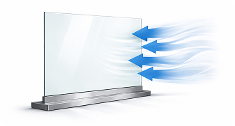 Blue arrows indicating airflow passing through a transparent glass panel with a metal base.