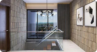 Modern interior hallway with glass stair railing, abstract wall art, and a large window showing a cityscape view.