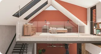 Modern loft bedroom with glass railing, wooden furniture, and slanted ceiling with skylights.