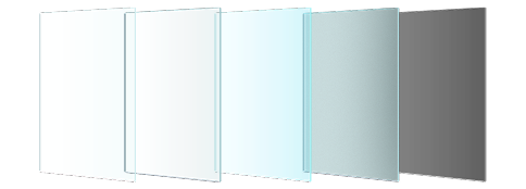 Five semi-transparent vertical panels in a row, stacked from left to right showing shades of white, grey, blue, silver, and black.