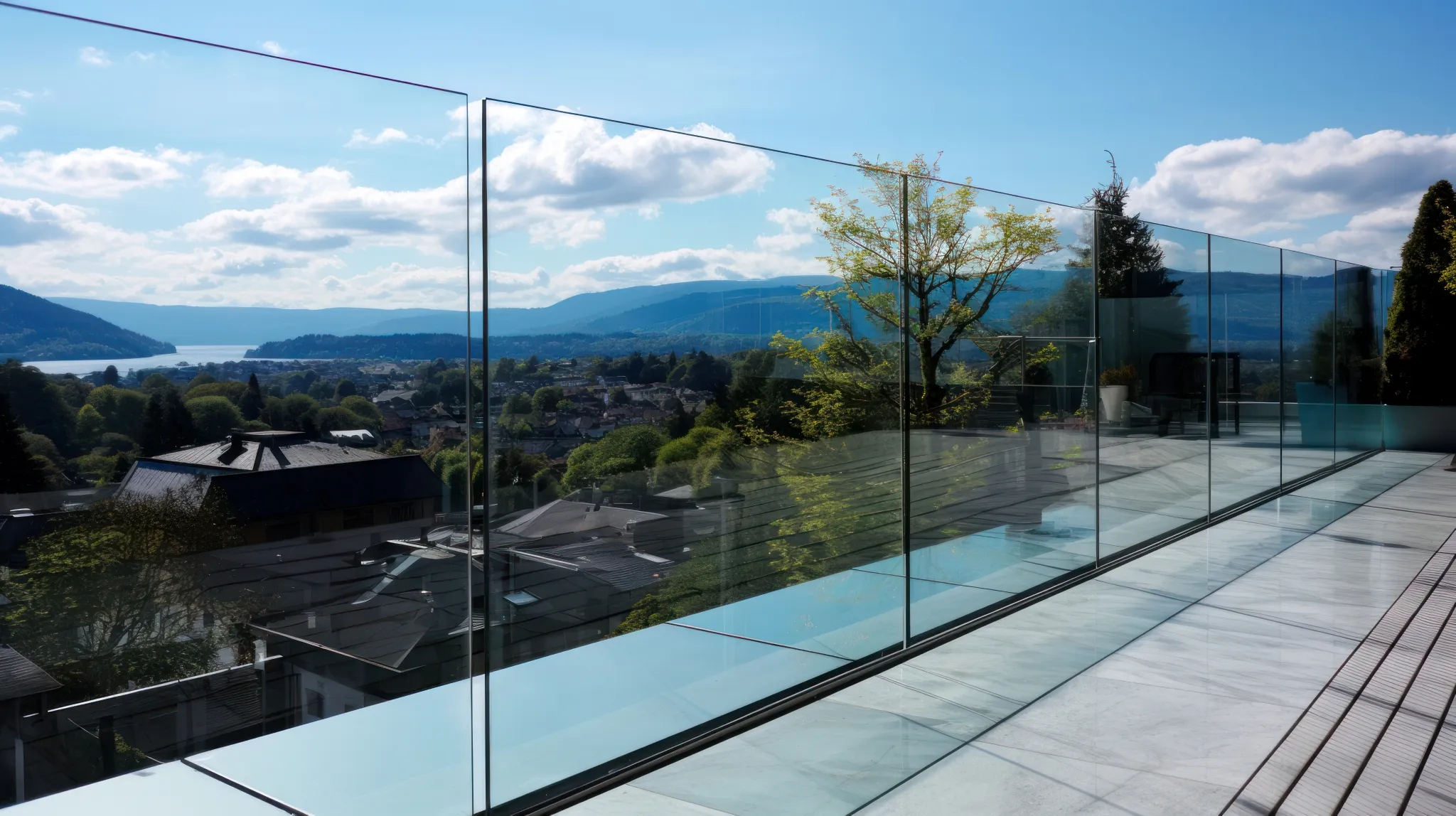 Glass railing on a terrace overlooking a town with mountains and a lake under a blue sky with clouds.