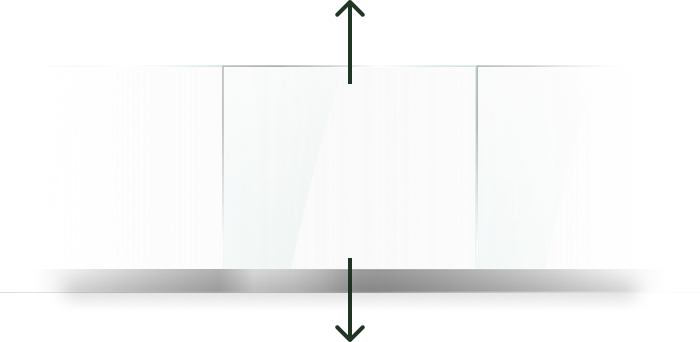 Illustration of two glass panels vertically isolated by a black rail system, with arrows indicating vertical sliding movement.