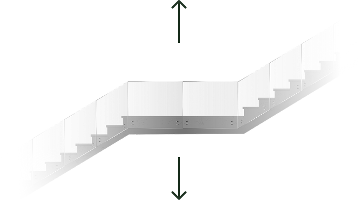 A staircase with glass railings viewed from below, with a vertical double-headed arrow indicating upward and downward directions.