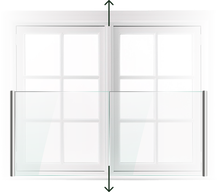 White double window with six panes each and a transparent glass balcony railing in front.