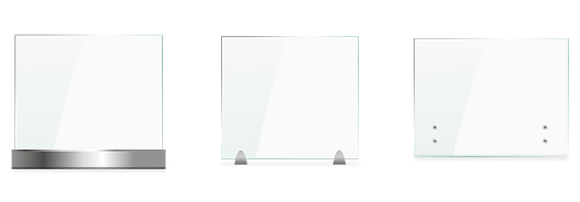 Three clear glass sneeze guards with different metal mounting bases: flat base, two rounded metal feet, and wall-mounted screws.