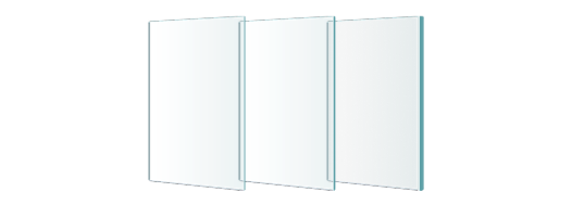 Three vertically oriented, semi-transparent glass panels arranged side by side with a gradient blue tint.