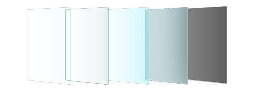 Illustration of layered transparent glass panels with blue and grey gradients, arranged in a row on black background.