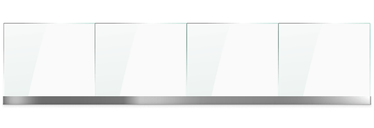 Four identical transparent glass panels mounted horizontally on a white shelf with a subtle reflection below.