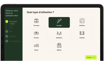 Interface screen showing a usage type selection with options like Terrace, Stairs, Interior, Pool, Exterior, Window, Wall, and Balcony in French.
