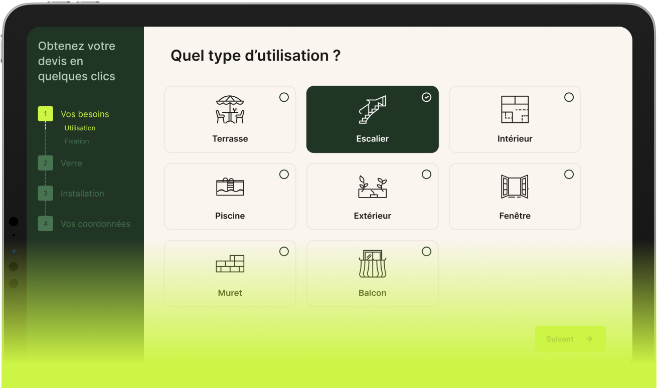 Tablet screen showing a form with usage type options: selected 'Staircase', other options include Terrace, Interior, Pool, Exterior, Window, Low wall, Balcony.