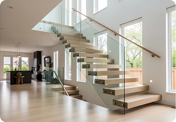 Modern wooden staircase with glass railing in a bright, spacious home interior with large windows.