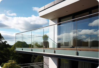 Modern house balcony with glass railing overlooking trees under a partly cloudy sky.