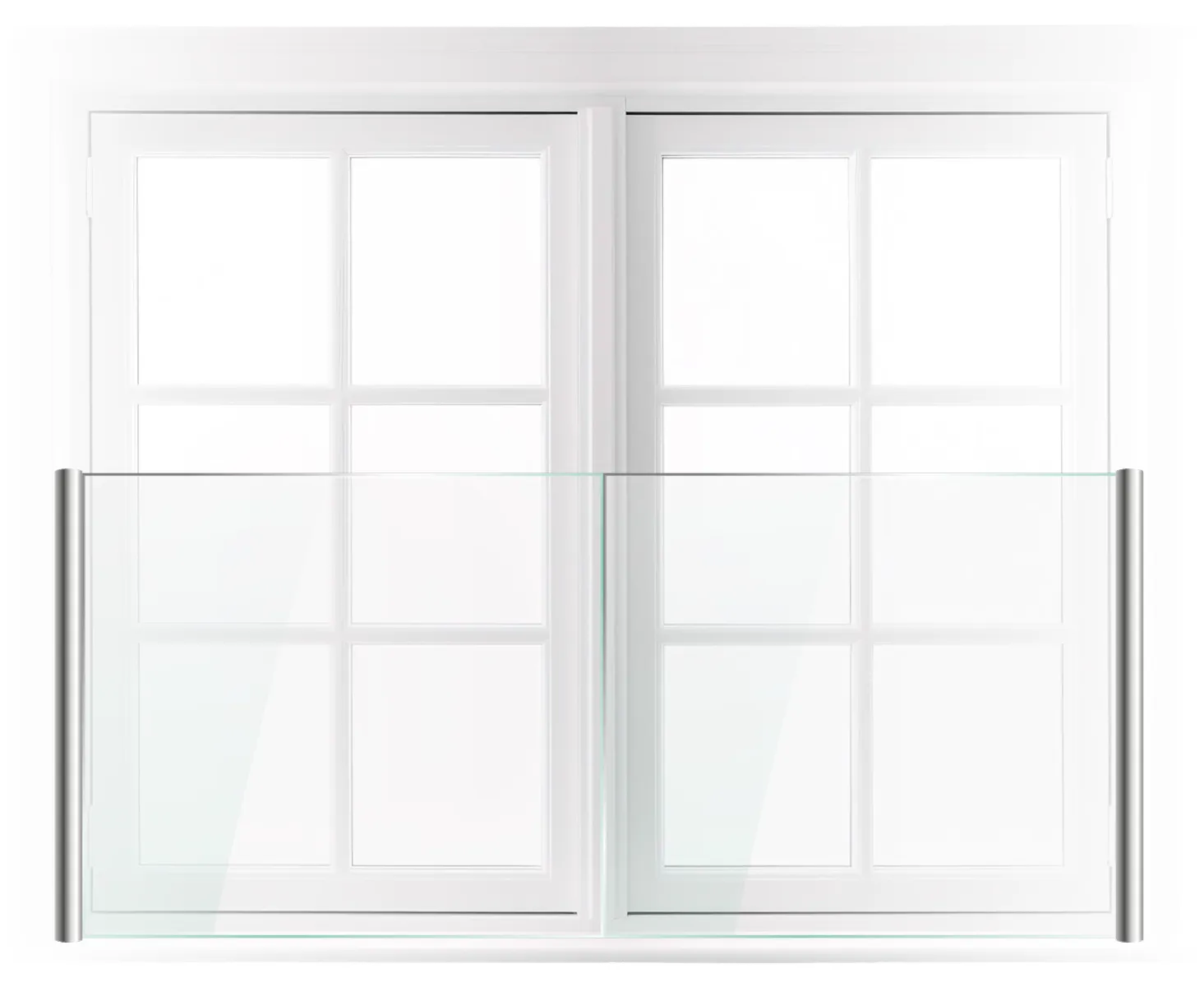 White double window with glass balcony railing featuring silver metal posts on each side.