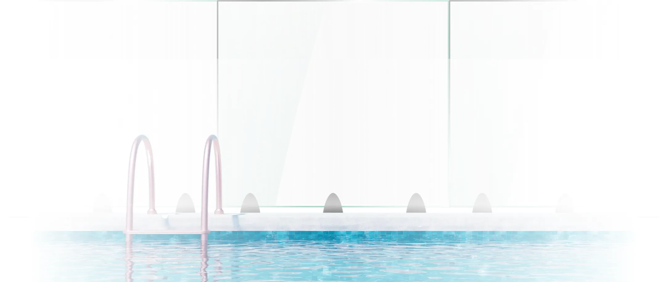 Modern minimalist indoor pool with clear blue water, white edges, and a glass panel in the background.