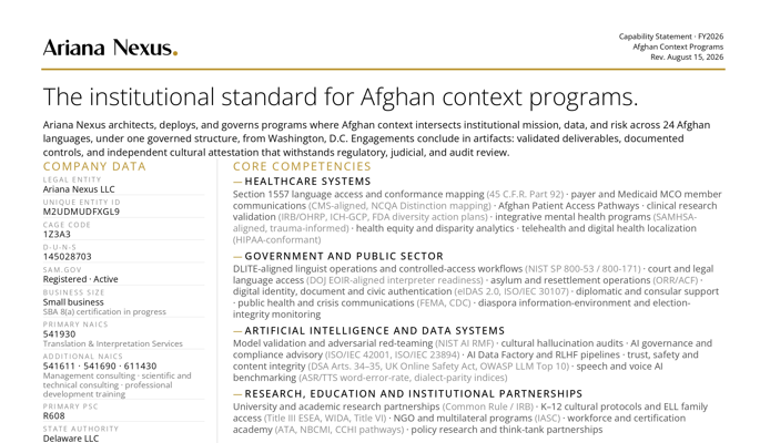 Cover of the Ariana Nexus FY2026 capability statement PDF — Afghan language services contractor, Washington, D.C.