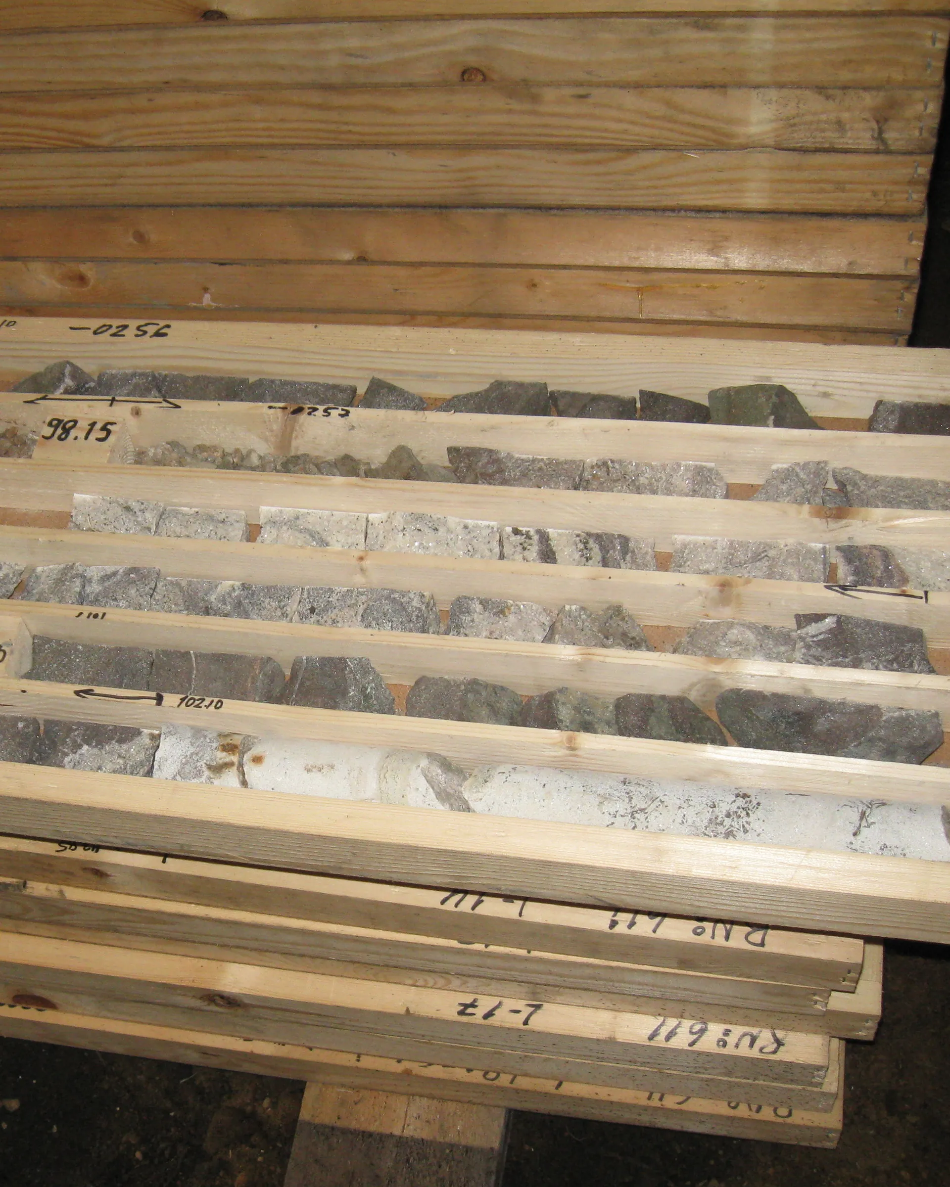 Mineral ore samples in labelled trays under a lab light