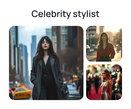 Three stylish women in urban and event settings, showcasing sophisticated fashion looks.