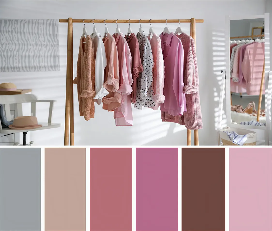 Clothing rack with pink, peach, white, and patterned shirts and sweaters, with a color palette below.