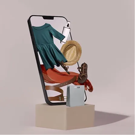 Smartphone with floating clothing and accessories including a green dress, straw hat, silver flask, brown sandals, belt, red cloth, and a shopping bag emerging from the screen.