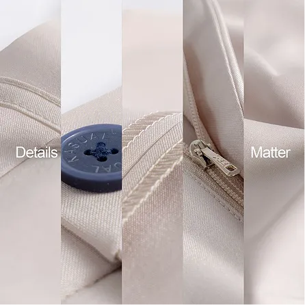 Close-up collage of beige fabric details including stitching, a button, a zipper, and smooth material with the text 'Details' and 'Matter'.