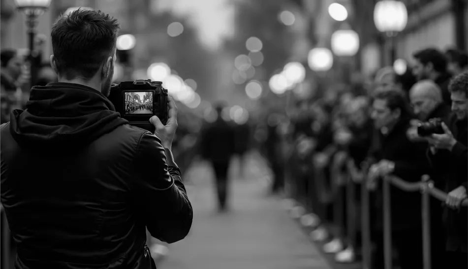 Man in dark clothing holding a camera taking a photo of a crowded street with people lined along the sides.