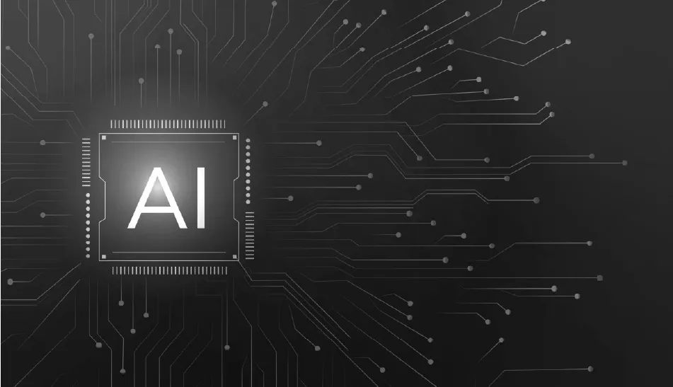 Glowing microchip with AI letters connected to circuit lines on a dark background.