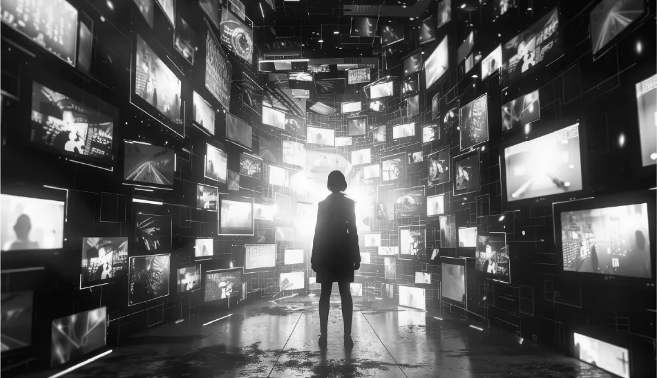 Silhouette of a person standing in a dark room surrounded by numerous floating screens displaying various images and data, illuminated by a bright light in the background.