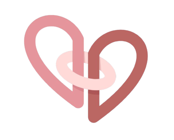Two interlocking heart shapes in shades of pink and brown with a lighter pink ring linking them.