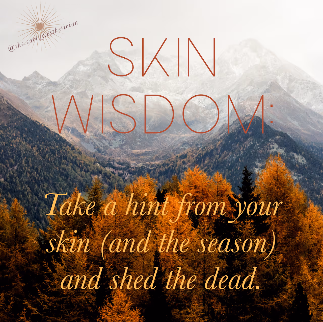 Mountain landscape with autumn trees and text saying, 'Skin Wisdom: Take a hint from your skin (and the season) and shed the dead.'