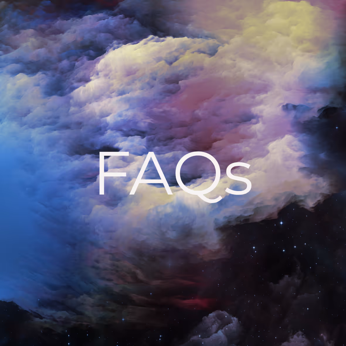 Colorful cosmic cloud with bright text FAQs at the center.