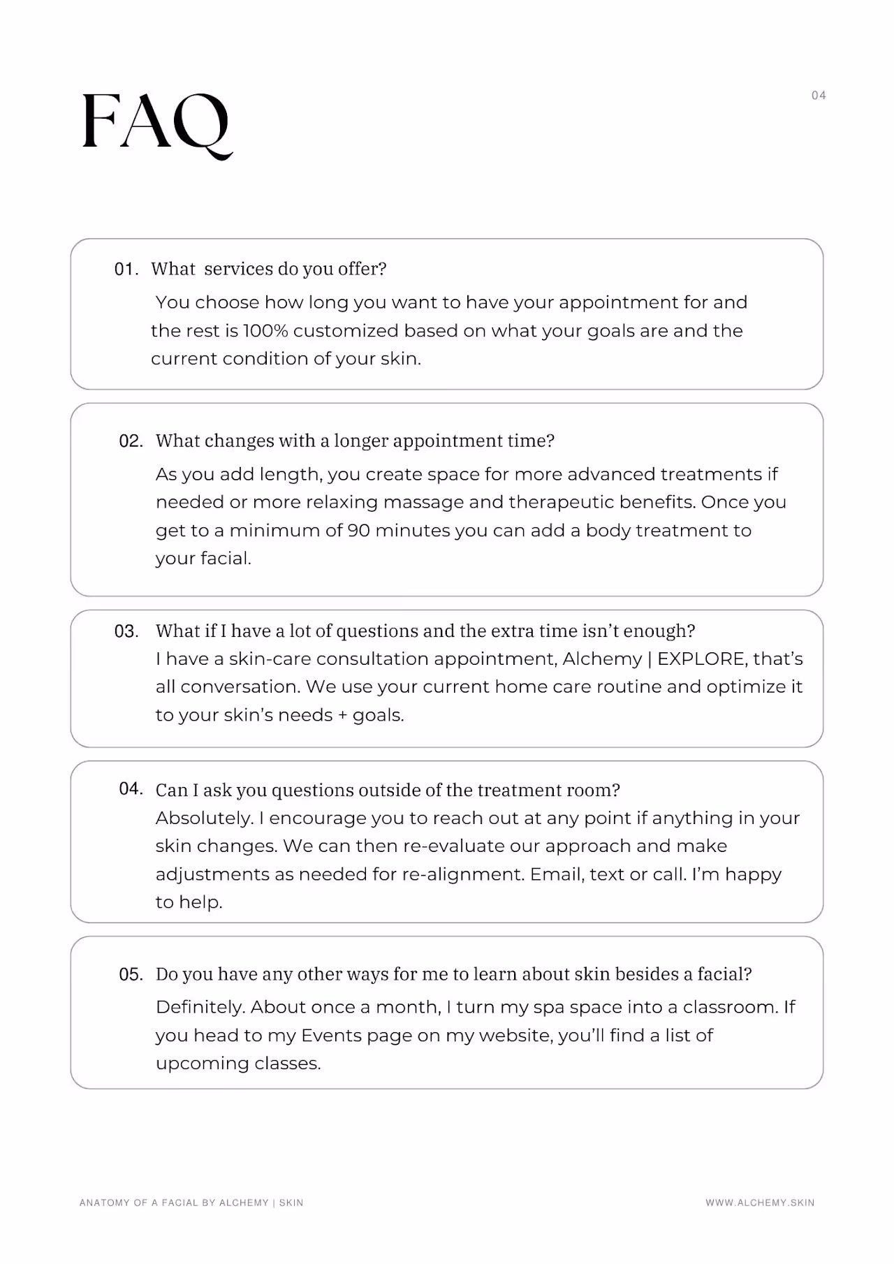 FAQ page with five questions about skincare services, appointment length, consultation availability, and learning opportunities at Alchemy Skin.
