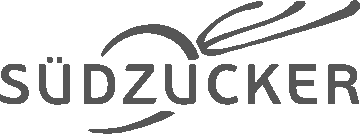 Südzucker Firmenlogo mit roter Kurve und blauen Linien über dem Schriftzug.