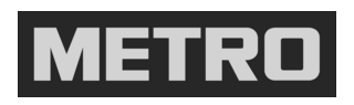 Metro Schriftzug in gelber Farbe auf blauem Hintergrund.