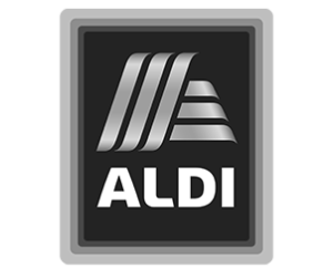 ALDI Logo mit stilisierten blauen Linien über weißem ALDI-Text auf blauem Hintergrund und gelbem Rahmen.