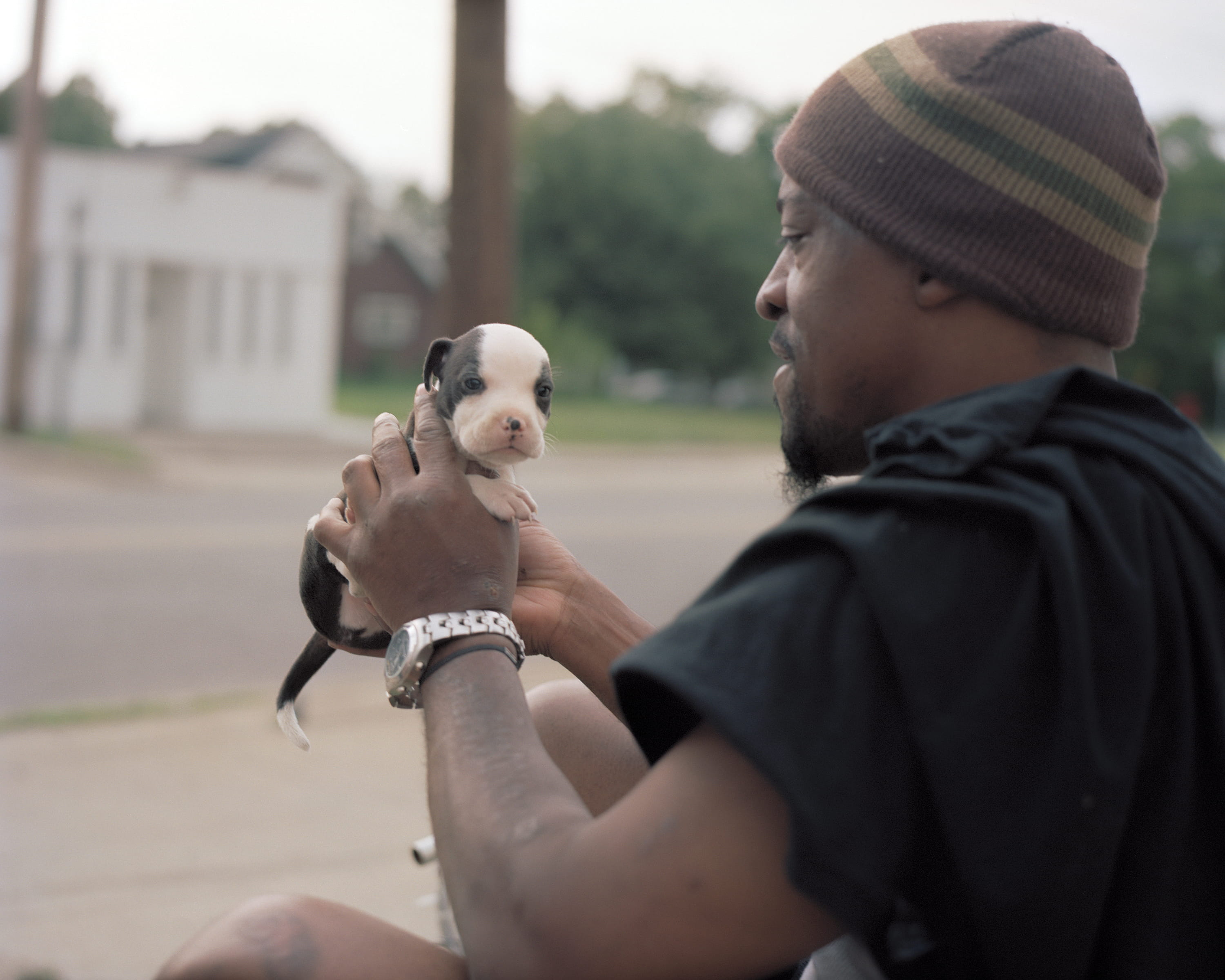 A man in a striped knit cap holds a puppy up in front of him at the roadside