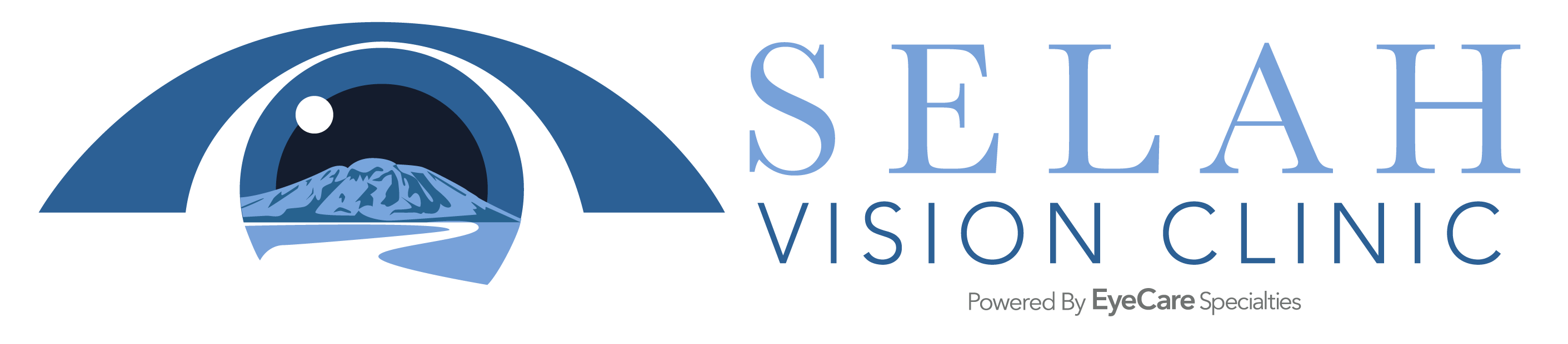 Selah Vision Clinic logo featuring a stylized blue eye with a mountain and river inside the iris, accompanied by the text 'SELAH VISION CLINIC Powered By EyeCare Specialties'.