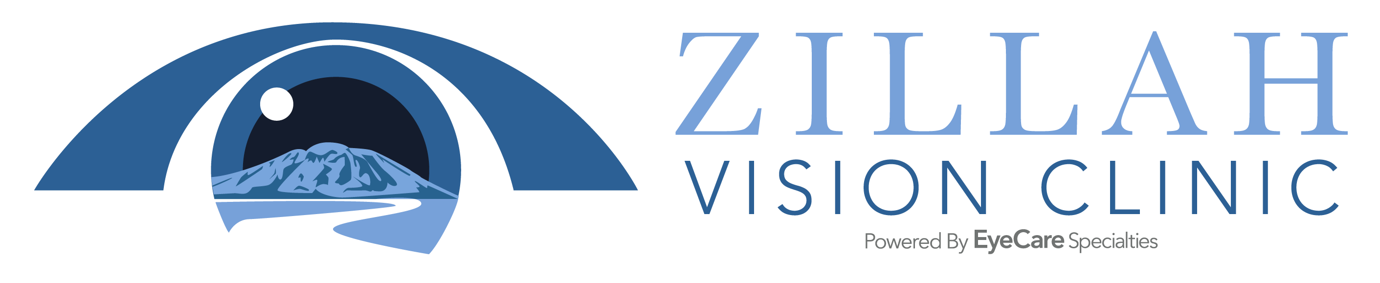 Zillah Vision Clinic logo featuring a stylized eye with a mountain and river inside the iris, and the text 'Zillah Vision Clinic Powered By EyeCare Specialties'.