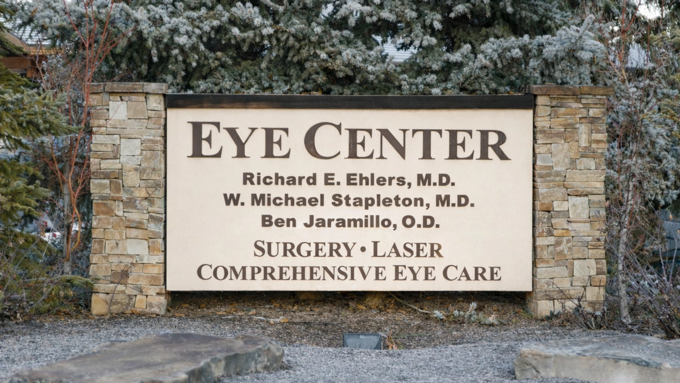 Group of medical professionals at The Eye Center in scrubs and surgical caps standing together in a clinical room with medical equipment.