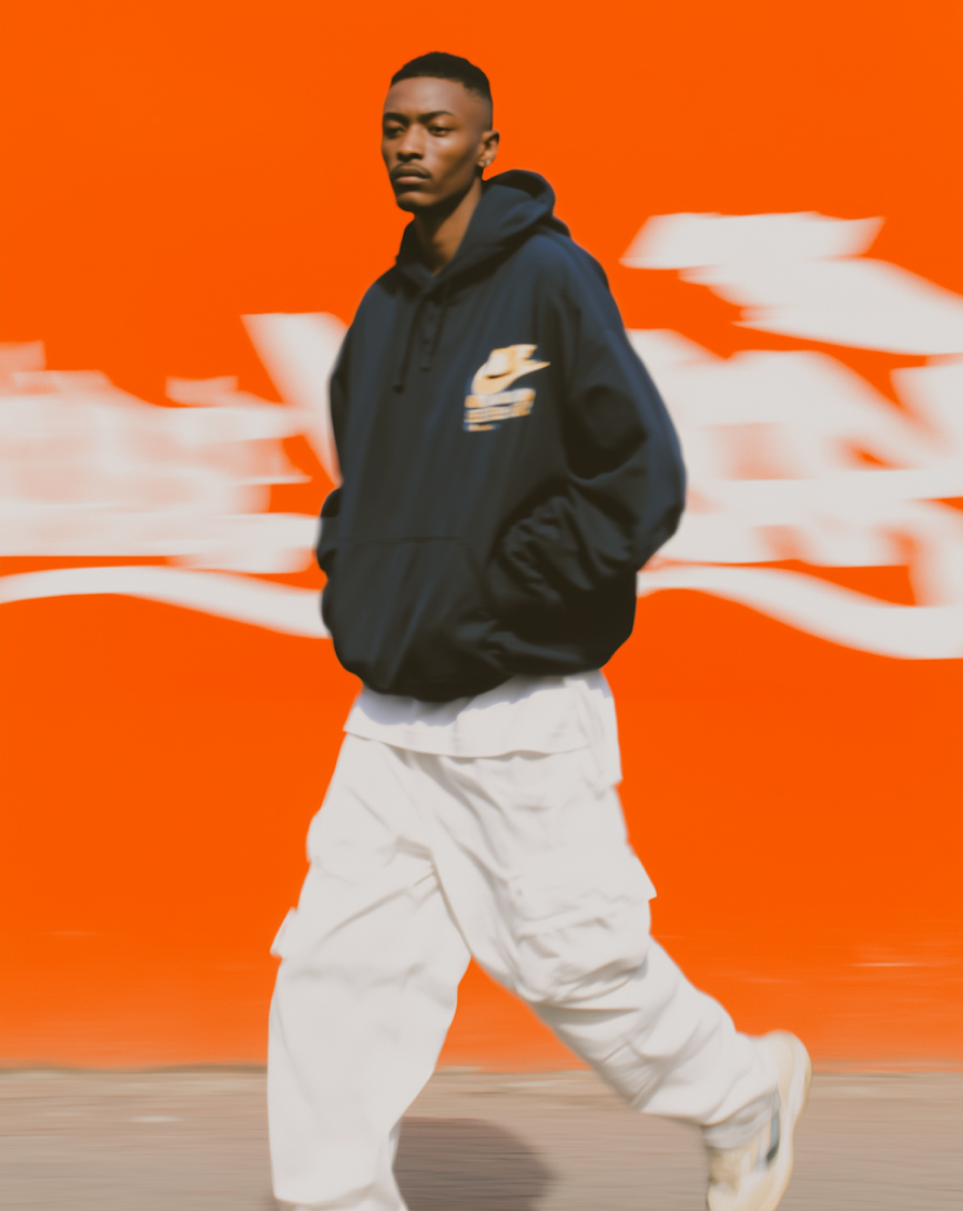 Young man walking in white cargo pants and a black hoodie against an orange background with blurred white graffiti.