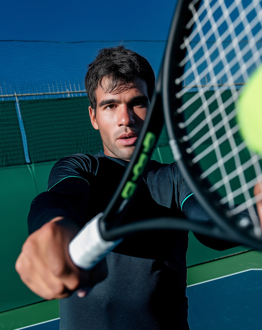 Young man hitting a tennis ball with a racket on an outdoor tennis court under a clear blue sky.