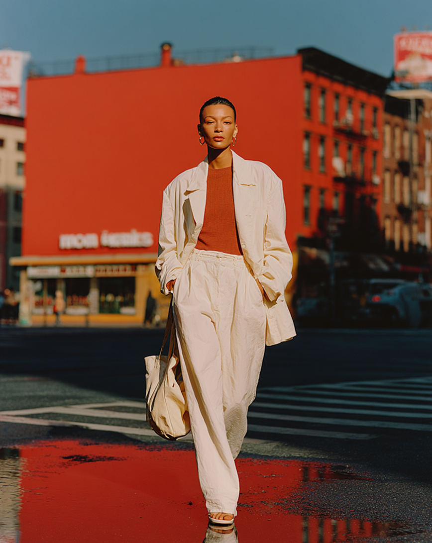 Woman wearing a cream-colored suit and rust-colored top walking on a city street with a red building in the background.