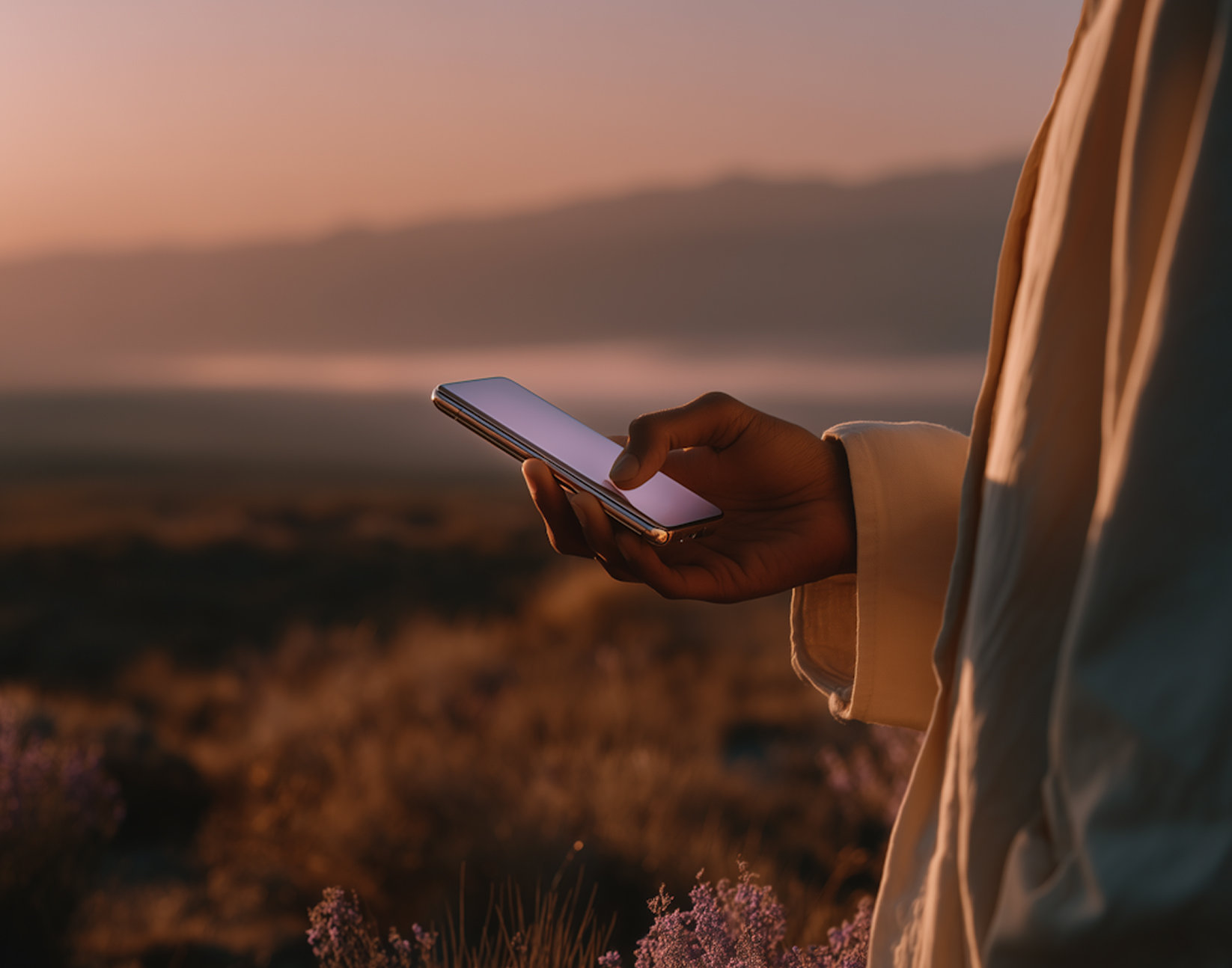 Person holding a smartphone outdoors at sunset with mountains and flowering plants in the background.