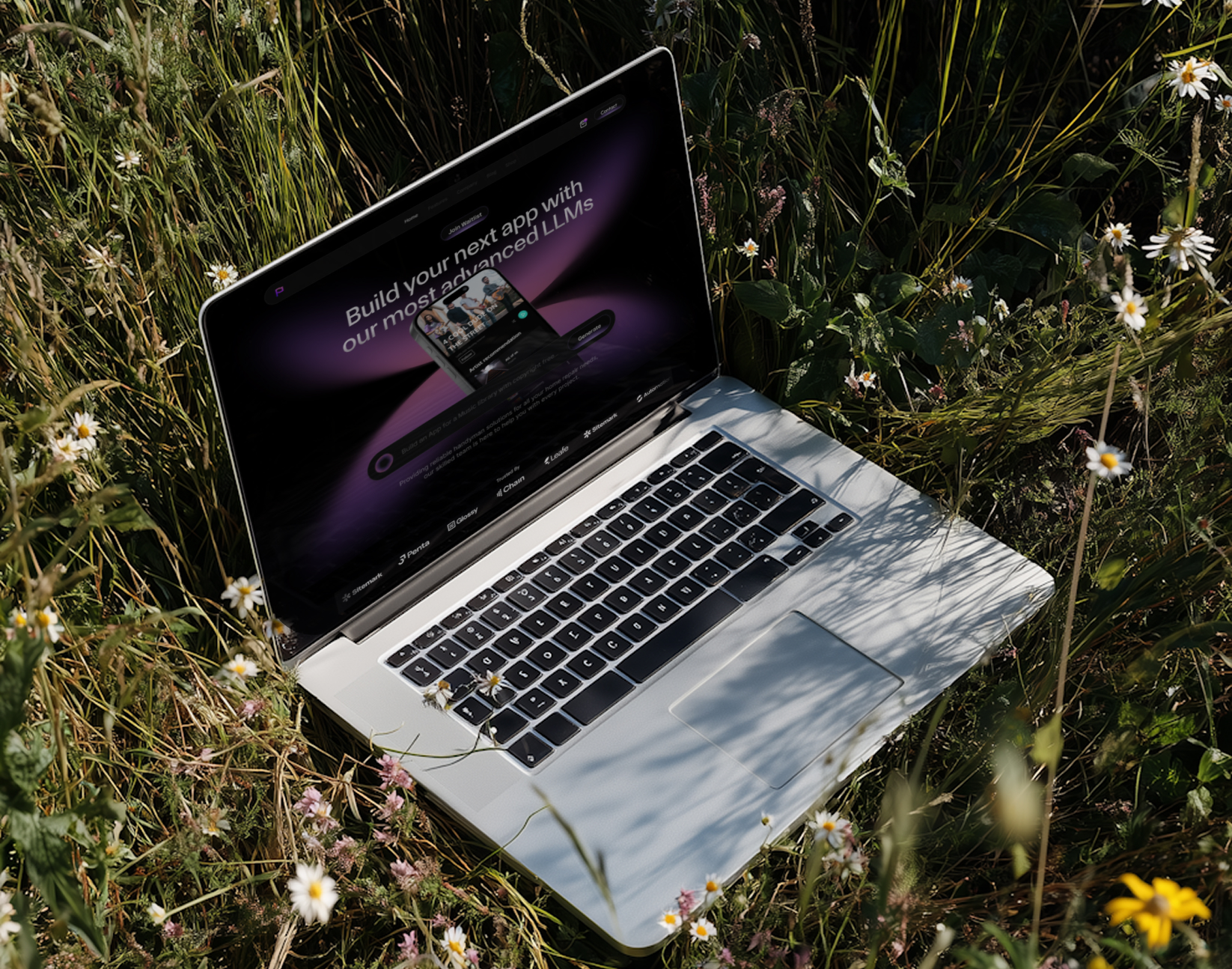 Open laptop placed on grass and wildflowers displaying a screen about building an app with advanced LLMs.