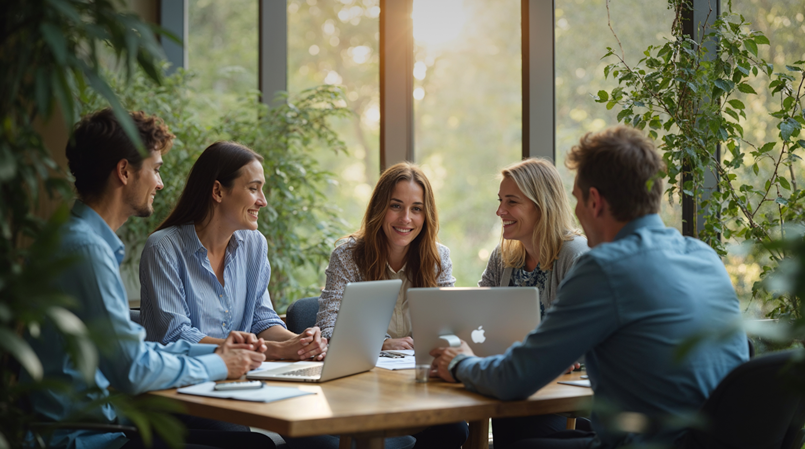 Five colleagues sitting around a wooden table, smiling and working on laptops in a bright office with large windows and green plants.