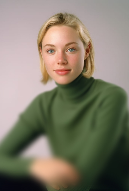 Portrait of a young woman with short blonde hair wearing a green turtleneck sweater, smiling softly against a plain background.